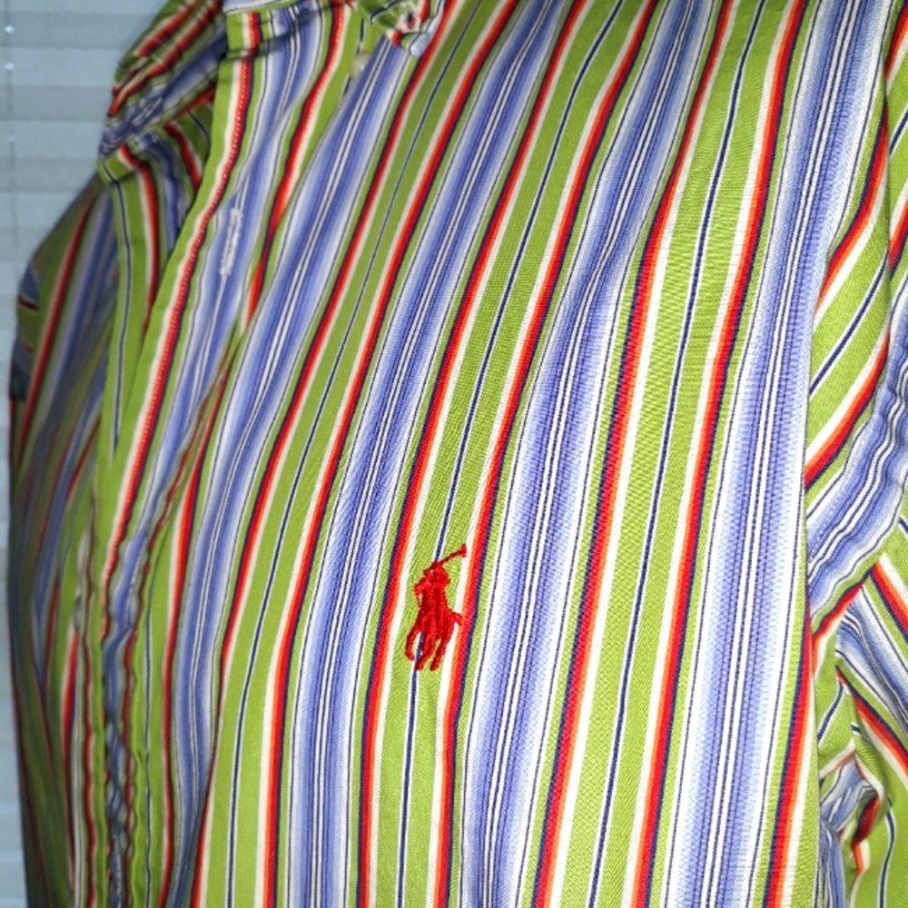 Ralph Lauren mens green and blue striped cotton shirt. Large